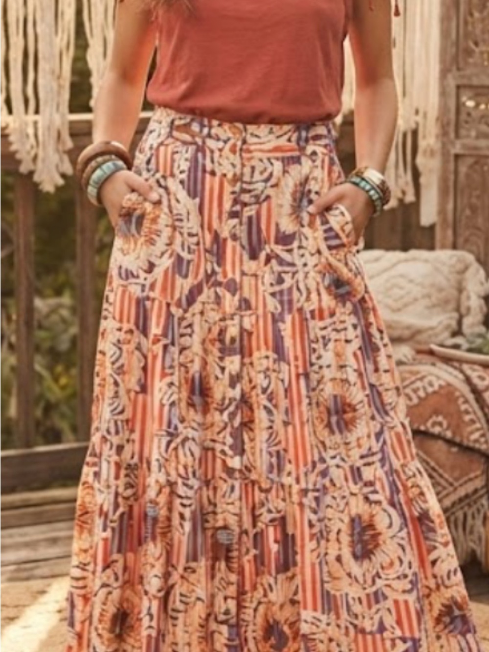 Anthropologie Boho Floral Tiered Maxi Skirt